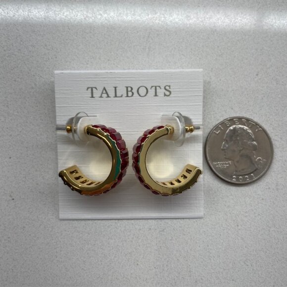 NWT Red Baguette Rhinestone Hoop Pierced Earrings Talbots - Picture 2 of 7